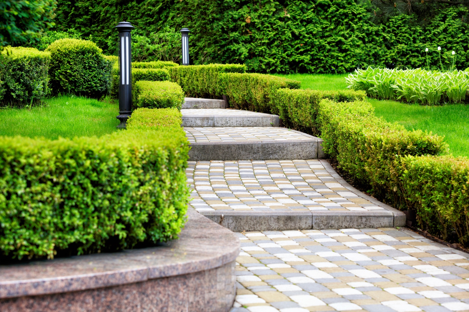 Gepflegter Gartenweg mit Hecken und Steinpflaster
